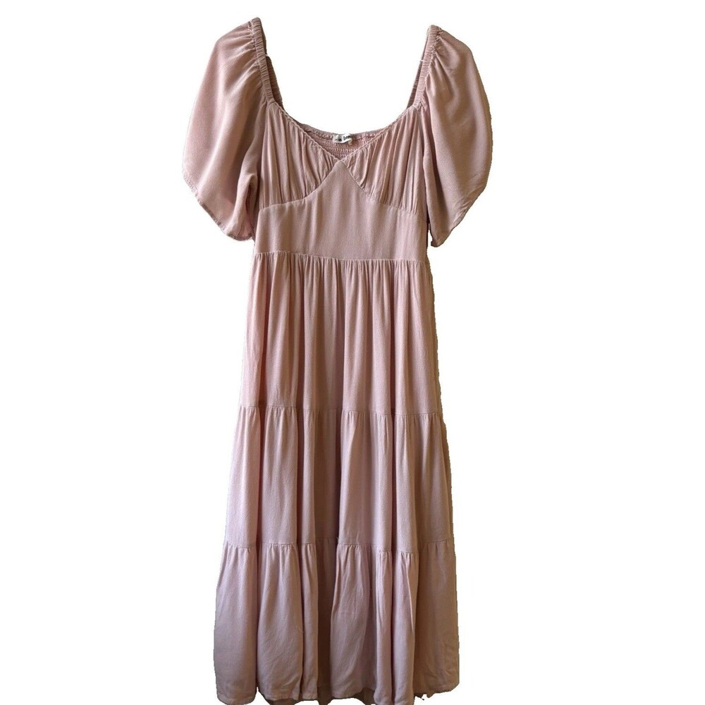 in loom Pink Solid Smocked Puff Sleeve Scoop Neck Maxi Dress Women’s S